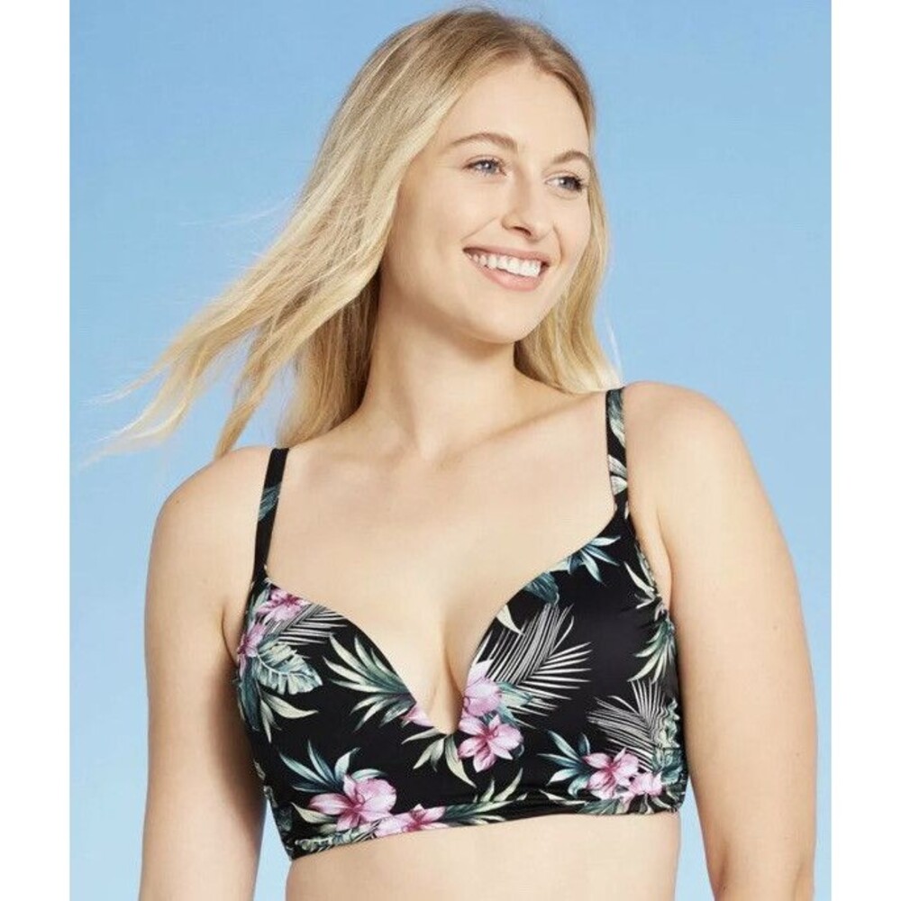 Shade & Shore Women’s Size 32B Tropical Black Floral Bikini Top NWT Bin S